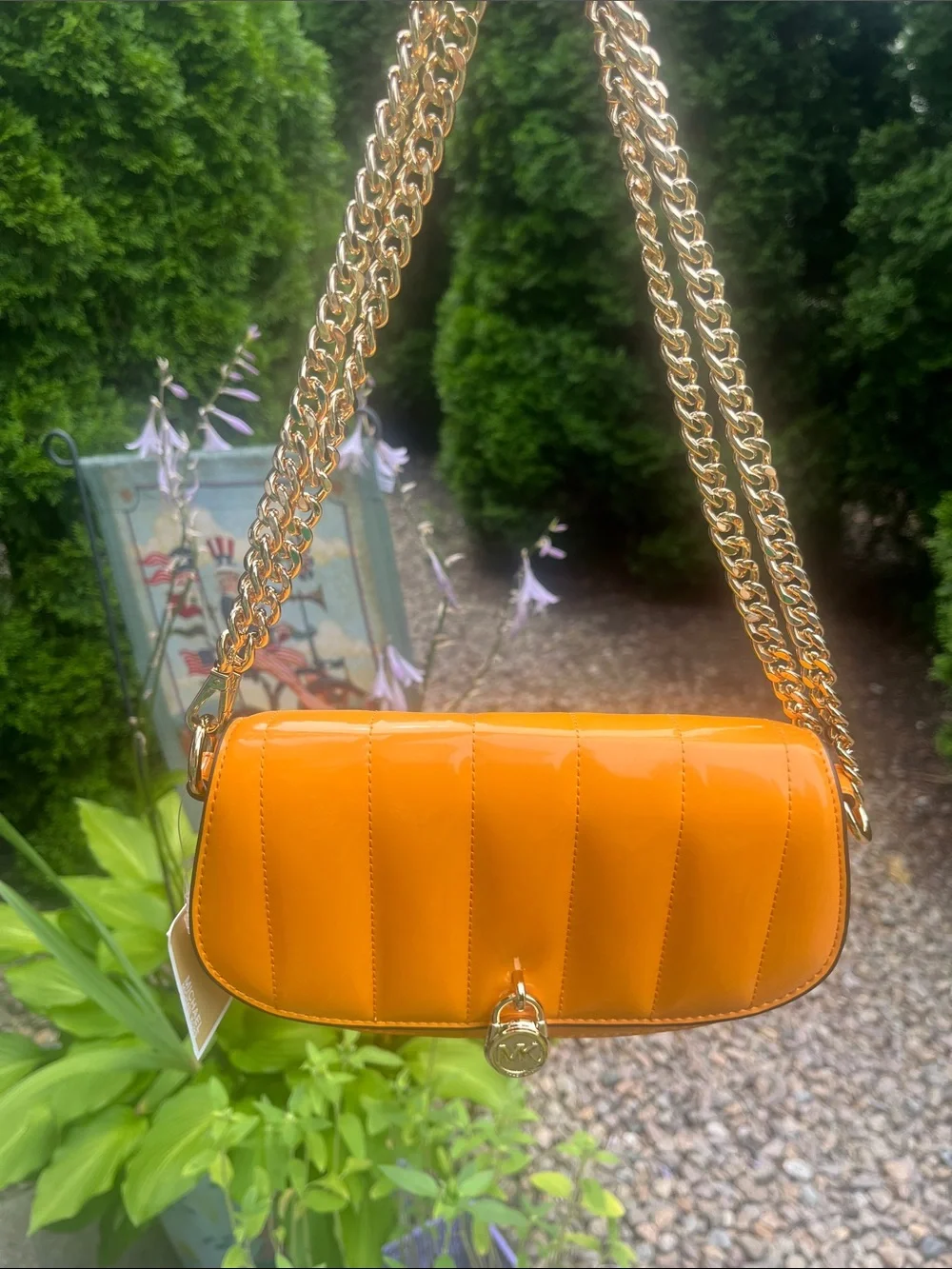 Michael Kors Mila 🍊 Patent Quilted Shoulder Bag w/ Gold Chain New. Retail $398